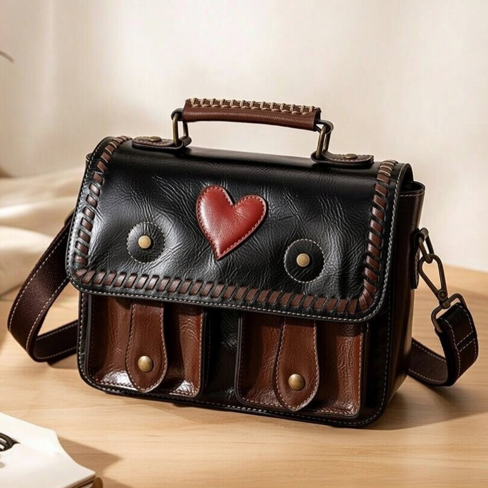 Romantic Heart Satchel Bag Black Brown Crossbody Top Handle Indie Cottagecore